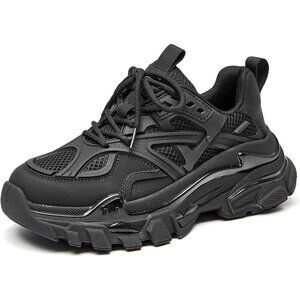 Women Black Chunky Sneakers Casual Lace-up Walking Shoes